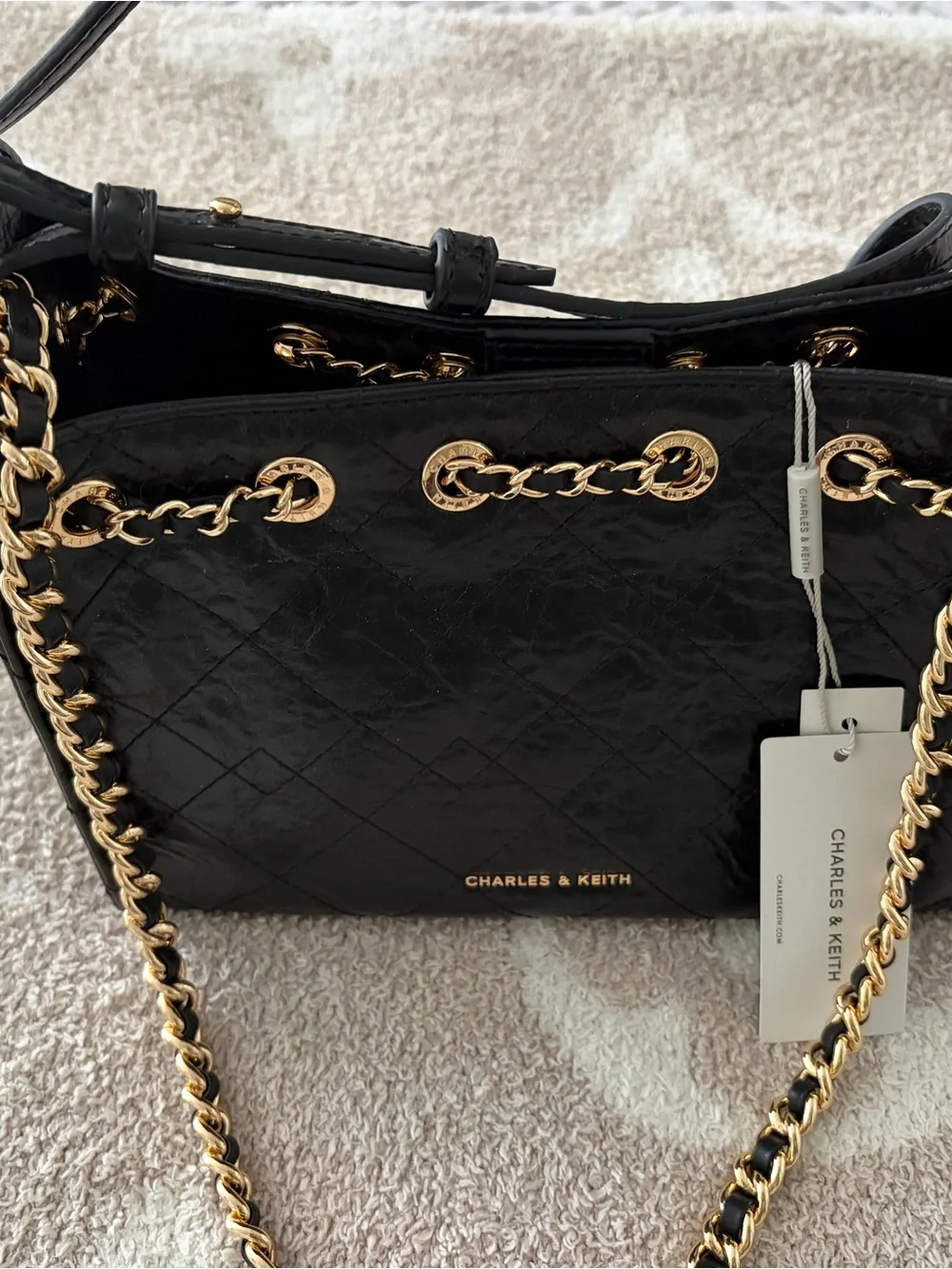 Charles & Keith Black Quilted Crossbody with Gold Logo